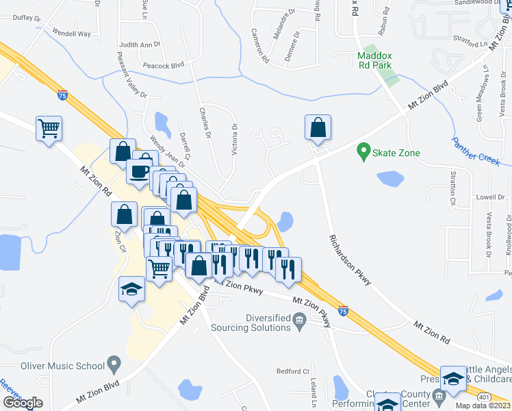 map of restaurants, bars, coffee shops, grocery stores, and more near Mount Zion Boulevard in Morrow