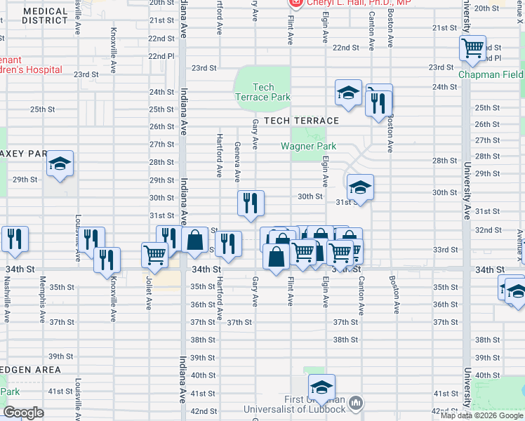 map of restaurants, bars, coffee shops, grocery stores, and more near 3118 30th Street in Lubbock