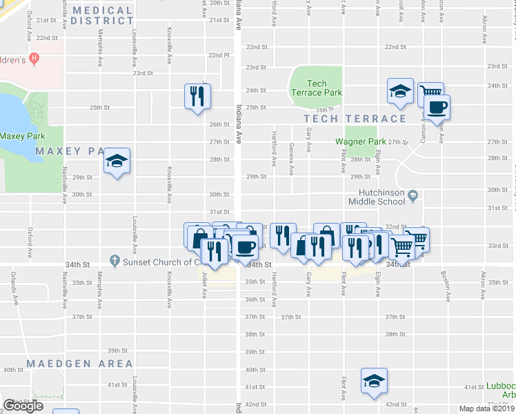 map of restaurants, bars, coffee shops, grocery stores, and more near 3304 30th Street in Lubbock