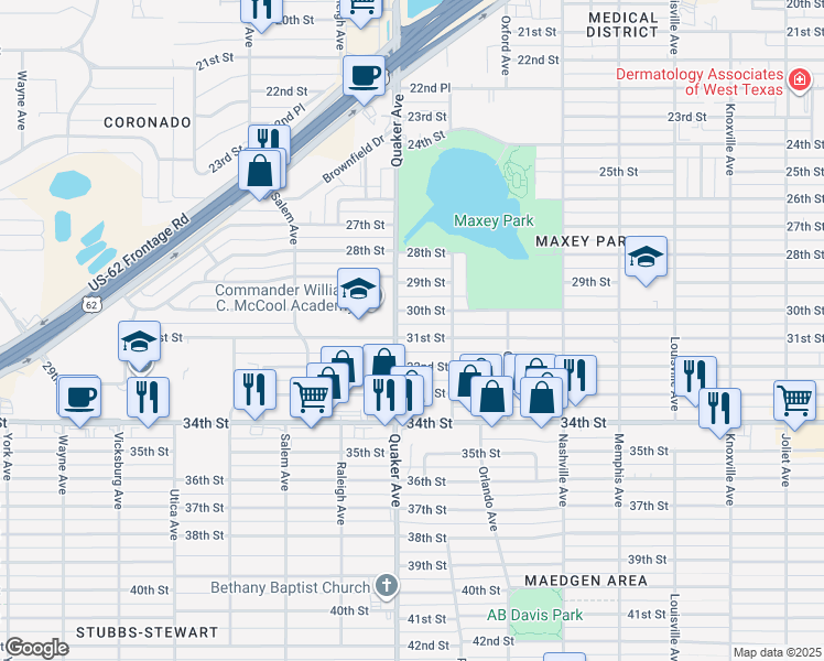 map of restaurants, bars, coffee shops, grocery stores, and more near 4312 30th Street in Lubbock