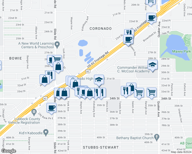 map of restaurants, bars, coffee shops, grocery stores, and more near 2606 Vicksburg Avenue in Lubbock