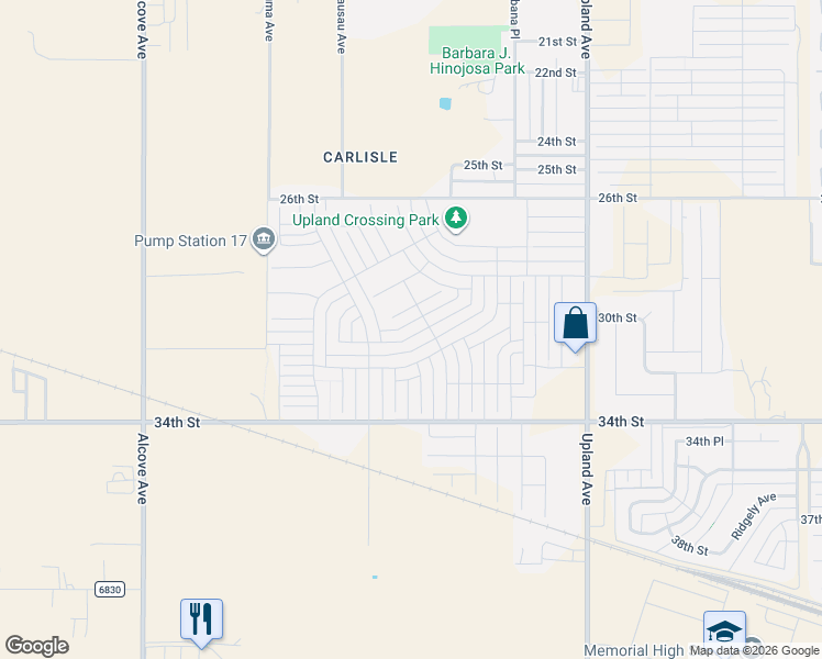 map of restaurants, bars, coffee shops, grocery stores, and more near 32nd Street in Lubbock