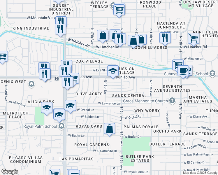 map of restaurants, bars, coffee shops, grocery stores, and more near 1547 West Dunlap Avenue in Phoenix