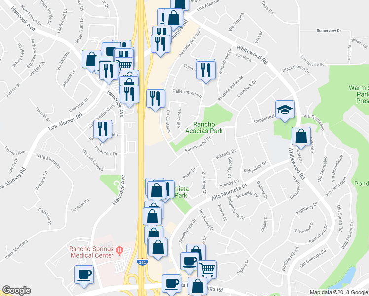 map of restaurants, bars, coffee shops, grocery stores, and more near 39854 Avenida Miguel Oeste in Murrieta