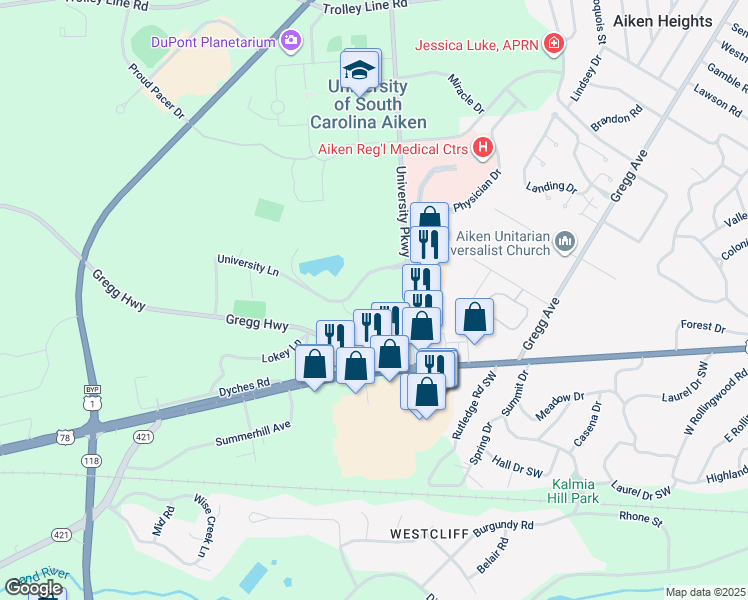 map of restaurants, bars, coffee shops, grocery stores, and more near 1211 University Lane in Aiken