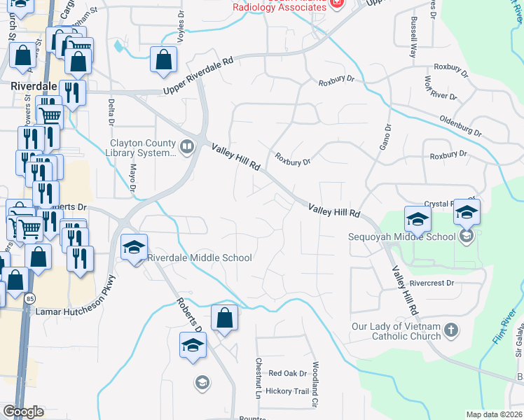 map of restaurants, bars, coffee shops, grocery stores, and more near 306 Tara Woods Drive in Riverdale