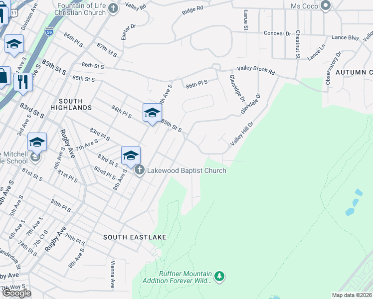 map of restaurants, bars, coffee shops, grocery stores, and more near 8439 10th Avenue South in Birmingham