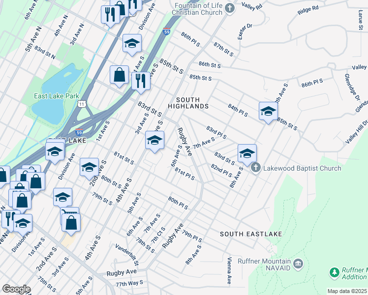 map of restaurants, bars, coffee shops, grocery stores, and more near 8212 Rugby Avenue in Birmingham