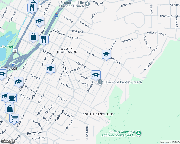 map of restaurants, bars, coffee shops, grocery stores, and more near 8333 7th Court South in Birmingham