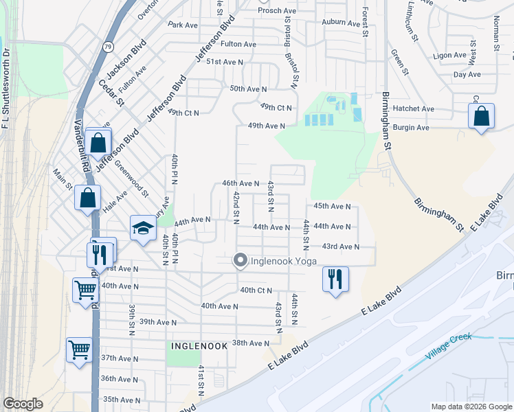 map of restaurants, bars, coffee shops, grocery stores, and more near 4431 42nd Place North in Birmingham
