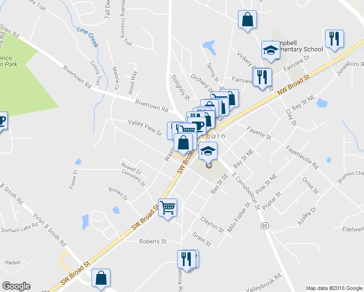 map of restaurants, bars, coffee shops, grocery stores, and more near 38 Smith St in Fairburn