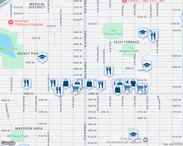 map of restaurants, bars, coffee shops, grocery stores, and more near 3312 31st Street in Lubbock