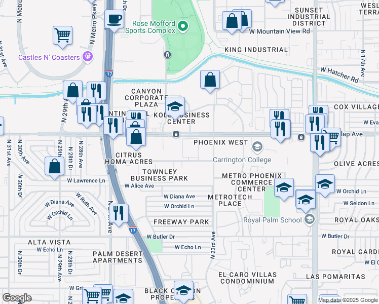 map of restaurants, bars, coffee shops, grocery stores, and more near 2323 West Dunlap Avenue in Phoenix