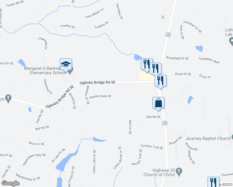 map of restaurants, bars, coffee shops, grocery stores, and more near 4630 Hamlet Walk Southeast in Conyers