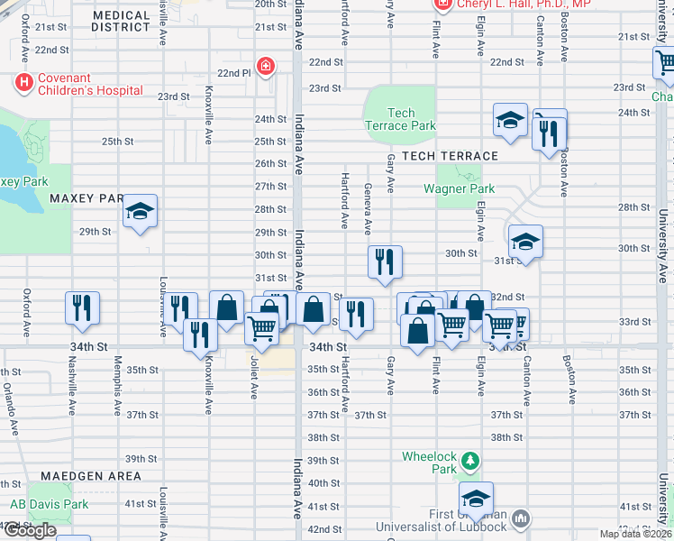 map of restaurants, bars, coffee shops, grocery stores, and more near 3304 31st Street in Lubbock