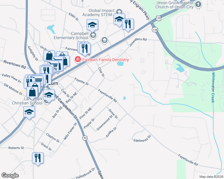 map of restaurants, bars, coffee shops, grocery stores, and more near 128 Summerwood Drive in Fairburn