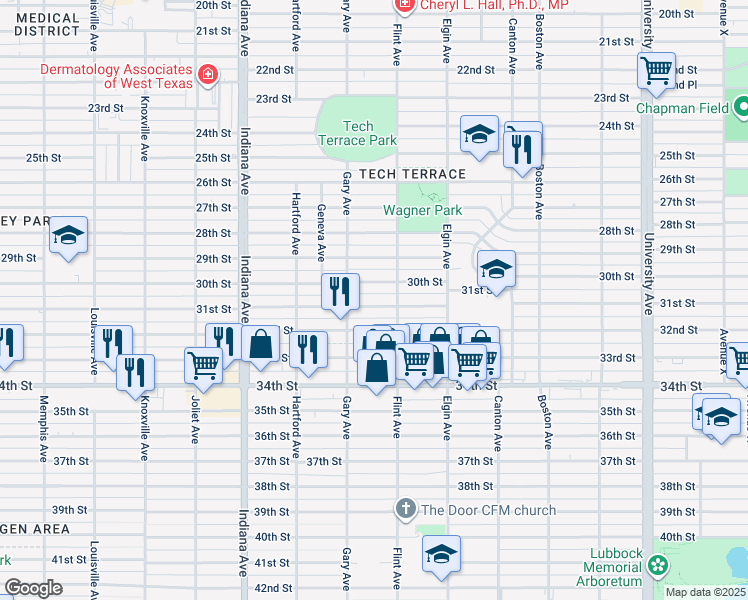 map of restaurants, bars, coffee shops, grocery stores, and more near 3110 31st Street in Lubbock