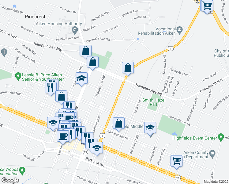 map of restaurants, bars, coffee shops, grocery stores, and more near 116 Abbeville Avenue Northeast in Aiken