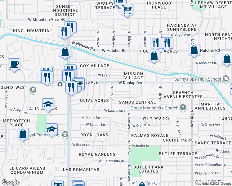 map of restaurants, bars, coffee shops, grocery stores, and more near 1547 West Dunlap Avenue in Phoenix