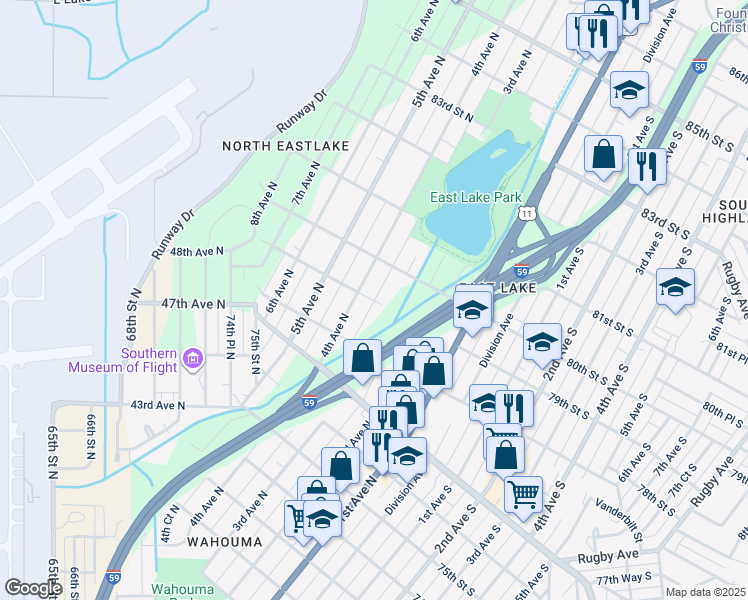 map of restaurants, bars, coffee shops, grocery stores, and more near 335 79th Street North in Birmingham