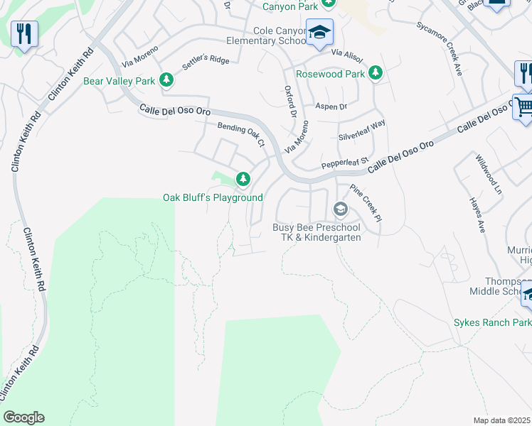 map of restaurants, bars, coffee shops, grocery stores, and more near 38242 Clear Creek Street in Murrieta