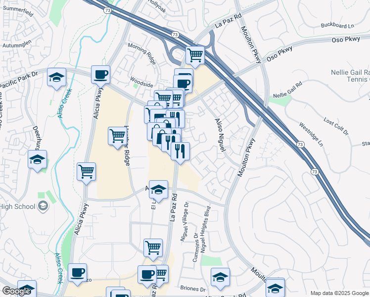 map of restaurants, bars, coffee shops, grocery stores, and more near 24229 Avenida De Las Flores in Laguna Niguel