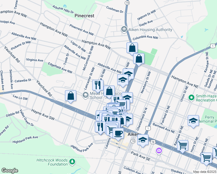 map of restaurants, bars, coffee shops, grocery stores, and more near Greenville Street Northwest in Aiken