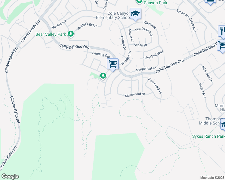 map of restaurants, bars, coffee shops, grocery stores, and more near 38242 Clear Creek Street in Murrieta