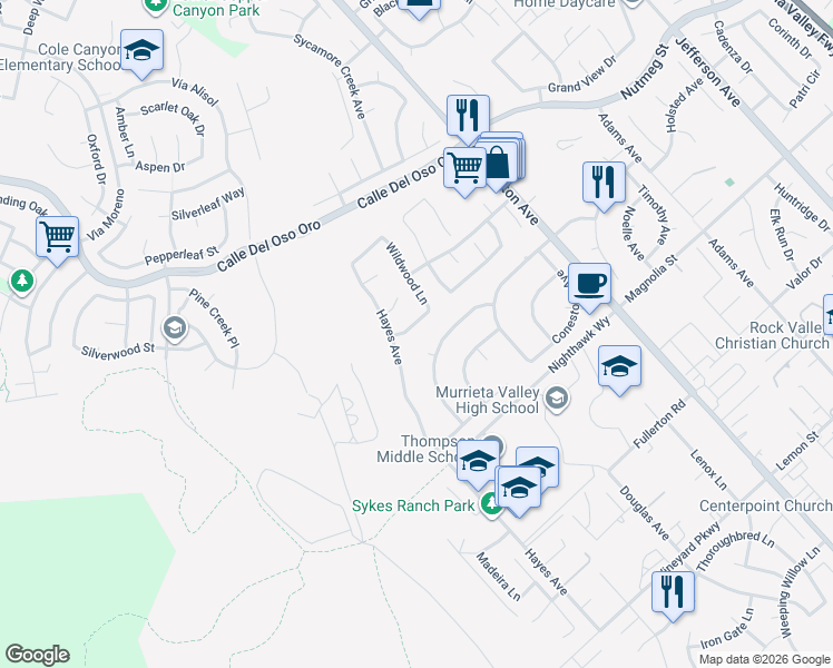 map of restaurants, bars, coffee shops, grocery stores, and more near 42376 Wildwood Lane in Murrieta