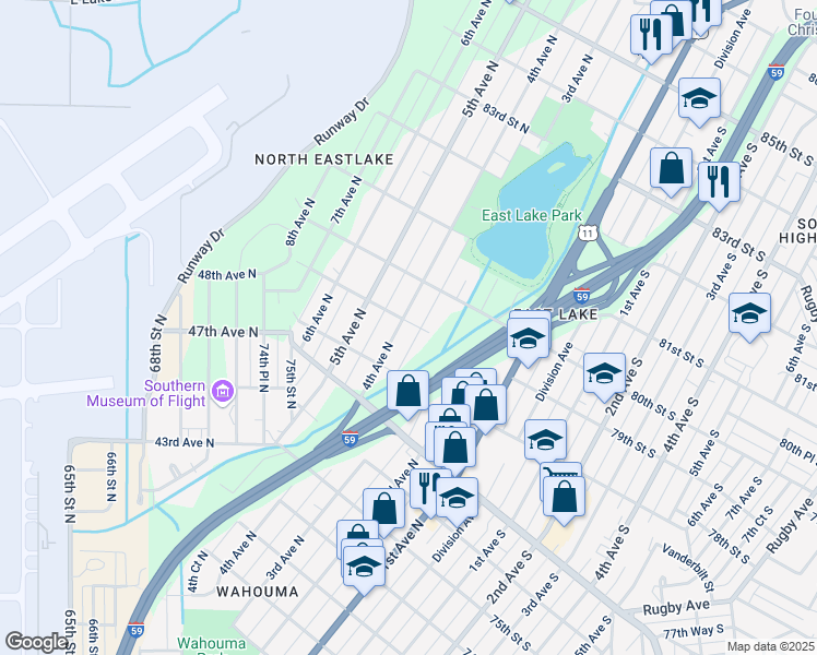 map of restaurants, bars, coffee shops, grocery stores, and more near 7841 4th Avenue North in Birmingham