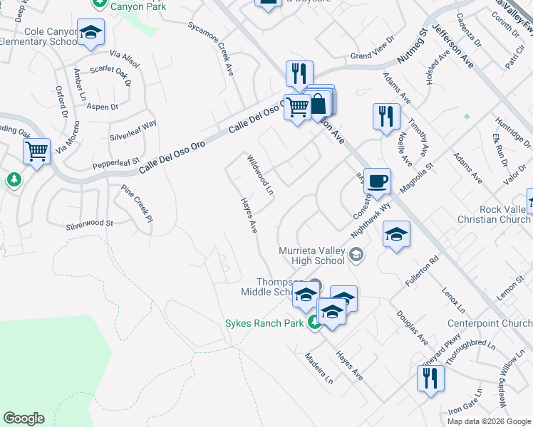 map of restaurants, bars, coffee shops, grocery stores, and more near 42376 Wildwood Lane in Murrieta
