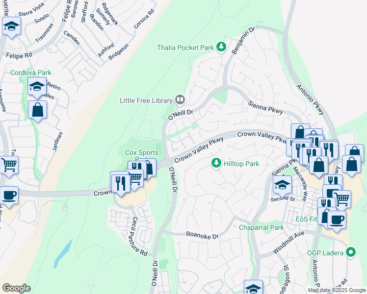 map of restaurants, bars, coffee shops, grocery stores, and more near 37 Amesbury Court in Ladera Ranch