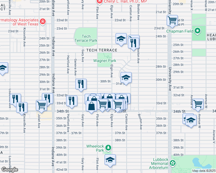 map of restaurants, bars, coffee shops, grocery stores, and more near 3006 31st Street in Lubbock