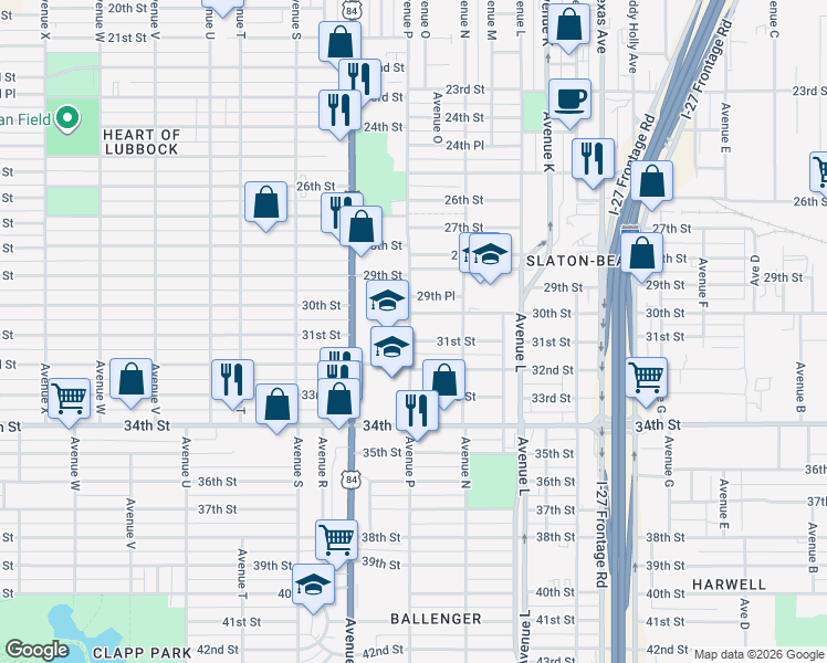 map of restaurants, bars, coffee shops, grocery stores, and more near 1530 30th Street in Lubbock