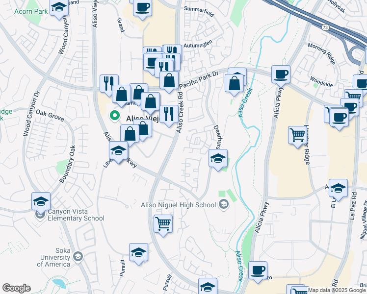 map of restaurants, bars, coffee shops, grocery stores, and more near 4 Highpark Place in Aliso Viejo