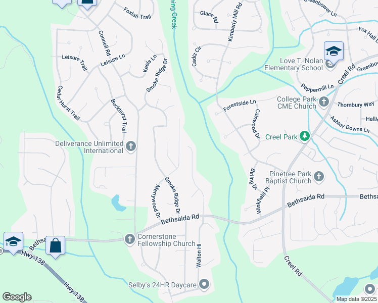map of restaurants, bars, coffee shops, grocery stores, and more near 6845 Brown Drive South in Fairburn