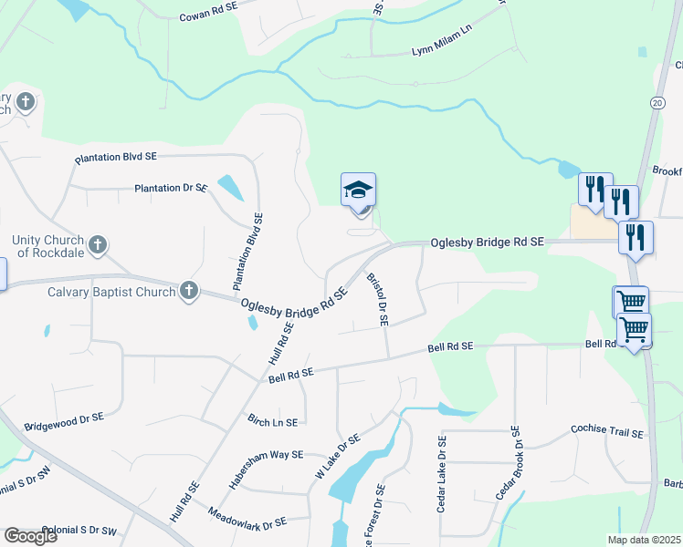 map of restaurants, bars, coffee shops, grocery stores, and more near 514 Oglesby Bridge Road Southeast in Conyers