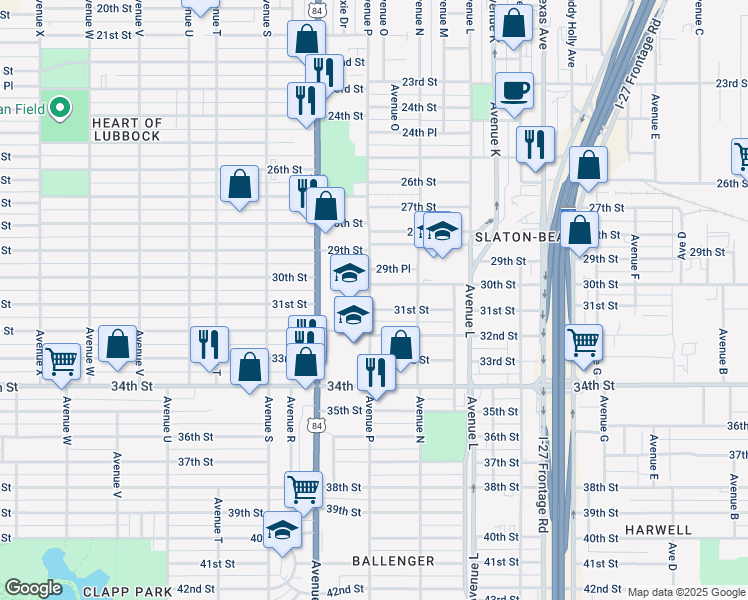 map of restaurants, bars, coffee shops, grocery stores, and more near 1530 30th Street in Lubbock