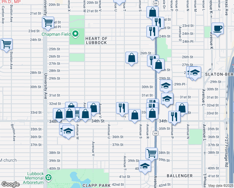 map of restaurants, bars, coffee shops, grocery stores, and more near 2009 30th Street in Lubbock