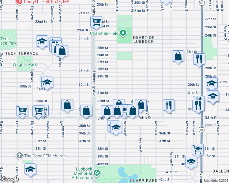 map of restaurants, bars, coffee shops, grocery stores, and more near 2407 30th Street in Lubbock