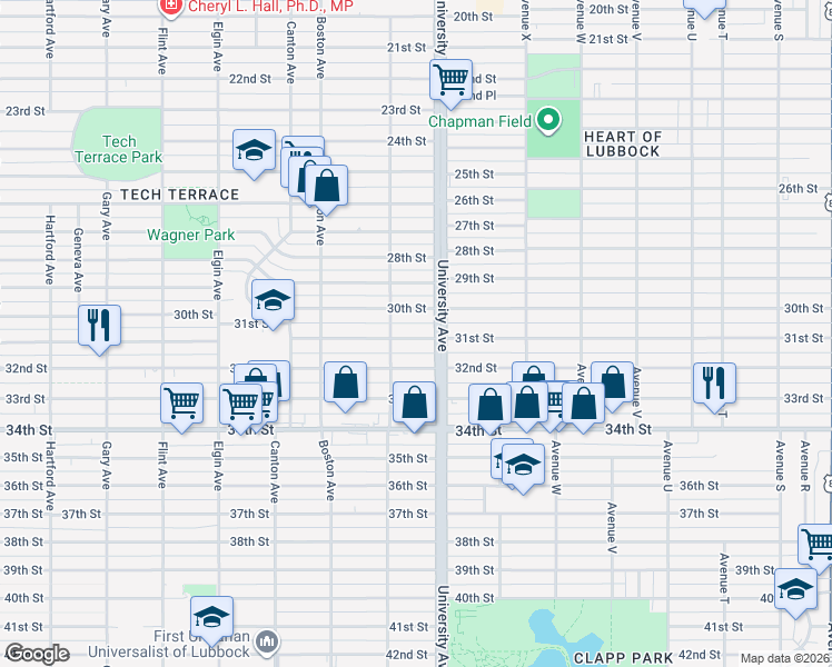 map of restaurants, bars, coffee shops, grocery stores, and more near 2505 30th Street in Lubbock