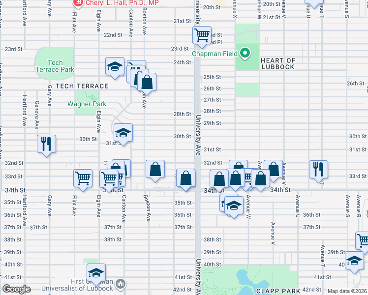 map of restaurants, bars, coffee shops, grocery stores, and more near 2505 30th Street in Lubbock