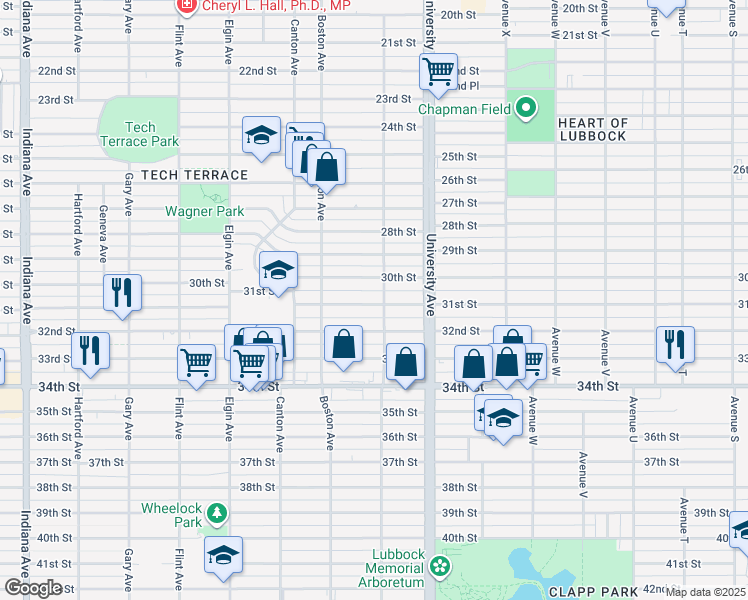 map of restaurants, bars, coffee shops, grocery stores, and more near 2517 30th Street in Lubbock
