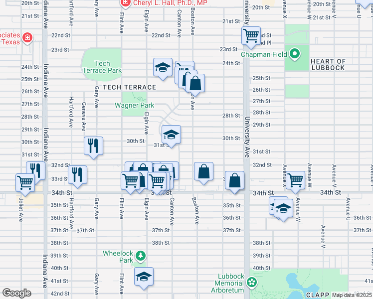 map of restaurants, bars, coffee shops, grocery stores, and more near 2703 30th Street in Lubbock