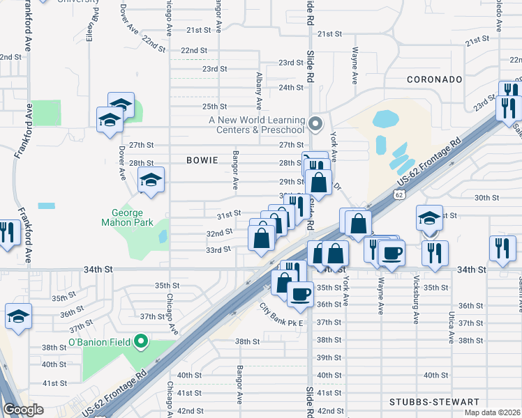map of restaurants, bars, coffee shops, grocery stores, and more near 5311 30th Street in Lubbock