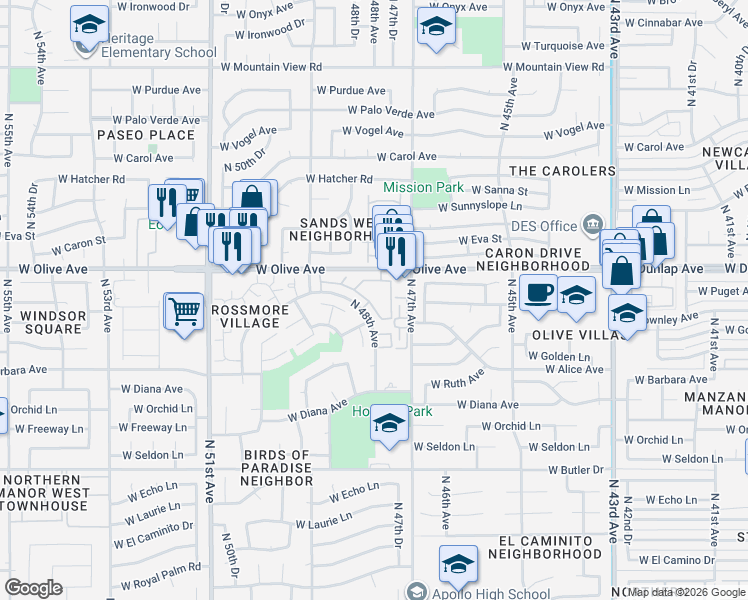 map of restaurants, bars, coffee shops, grocery stores, and more near 4778 West New World Drive in Glendale