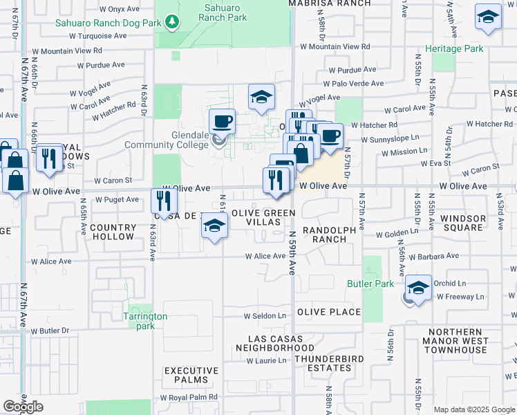 map of restaurants, bars, coffee shops, grocery stores, and more near 5959 West Olive Avenue in Glendale