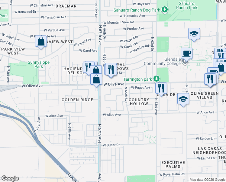 map of restaurants, bars, coffee shops, grocery stores, and more near 6596 West Puget Avenue in Glendale