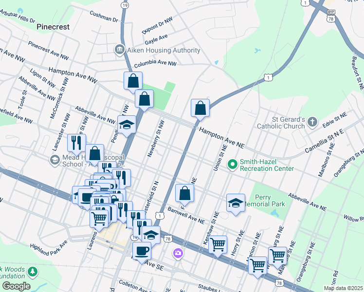 map of restaurants, bars, coffee shops, grocery stores, and more near 428 Chesterfield Street North in Aiken