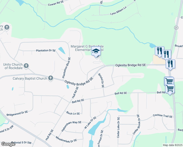 map of restaurants, bars, coffee shops, grocery stores, and more near 550 Oglesby Bridge Road Southeast in Conyers